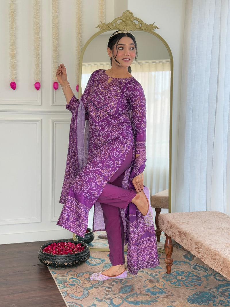 Elegant Purple Printed Kurta Pant Set