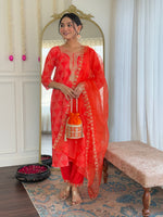 Elegant Coral Orange Embroidered Kurta Pant Set