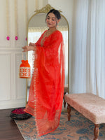 Elegant Coral Orange Embroidered Kurta Pant Set