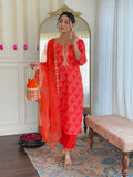 Elegant Coral Orange Embroidered Kurta Pant Set