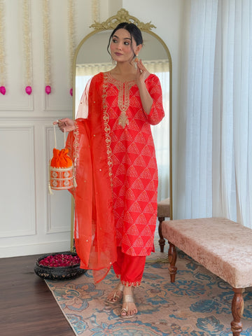 Elegant Coral Orange Embroidered Kurta Pant Set