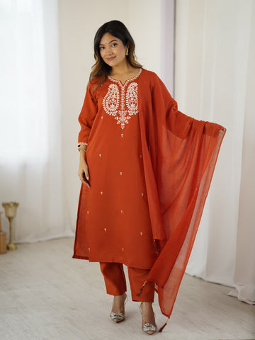 Elegant Rust Orange Embroidered Kurta Set