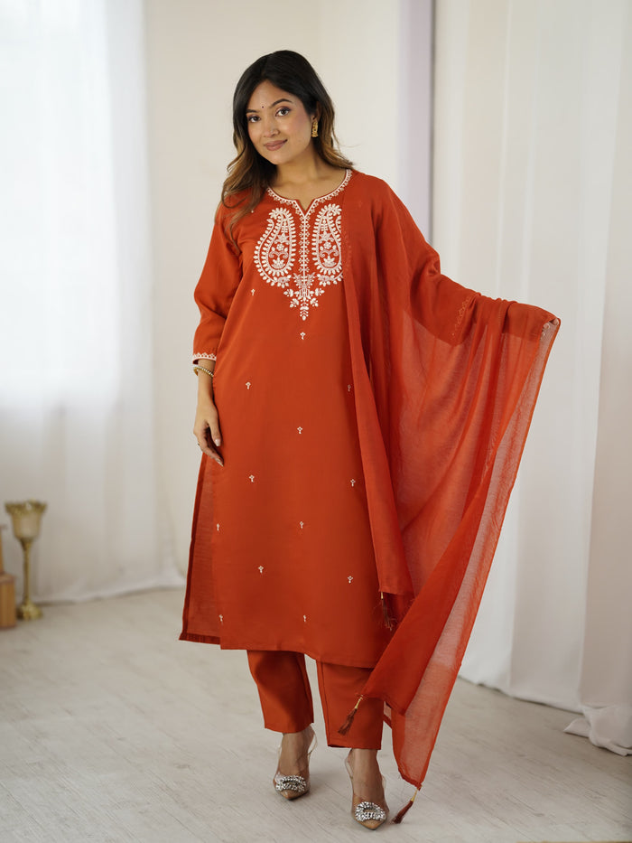 Elegant Rust Orange Embroidered Kurta Set