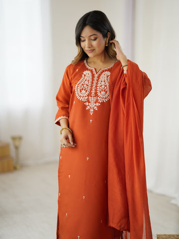 Elegant Rust Orange Embroidered Kurta Set