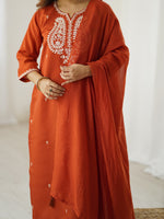 Elegant Rust Orange Embroidered Kurta Set