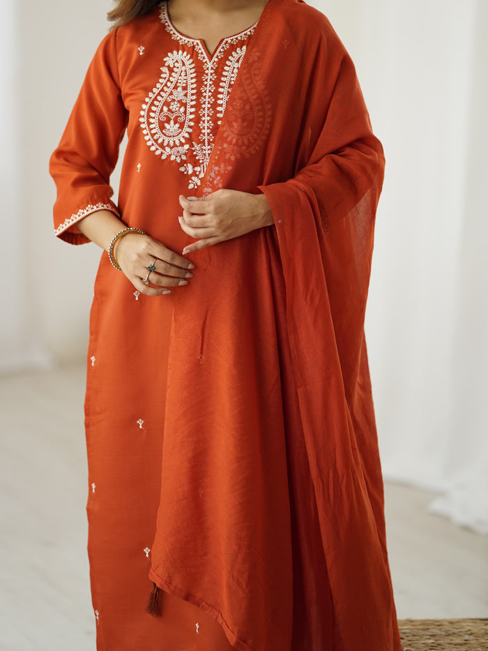 Elegant Rust Orange Embroidered Kurta Set