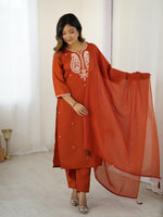 Elegant Rust Orange Embroidered Kurta Set