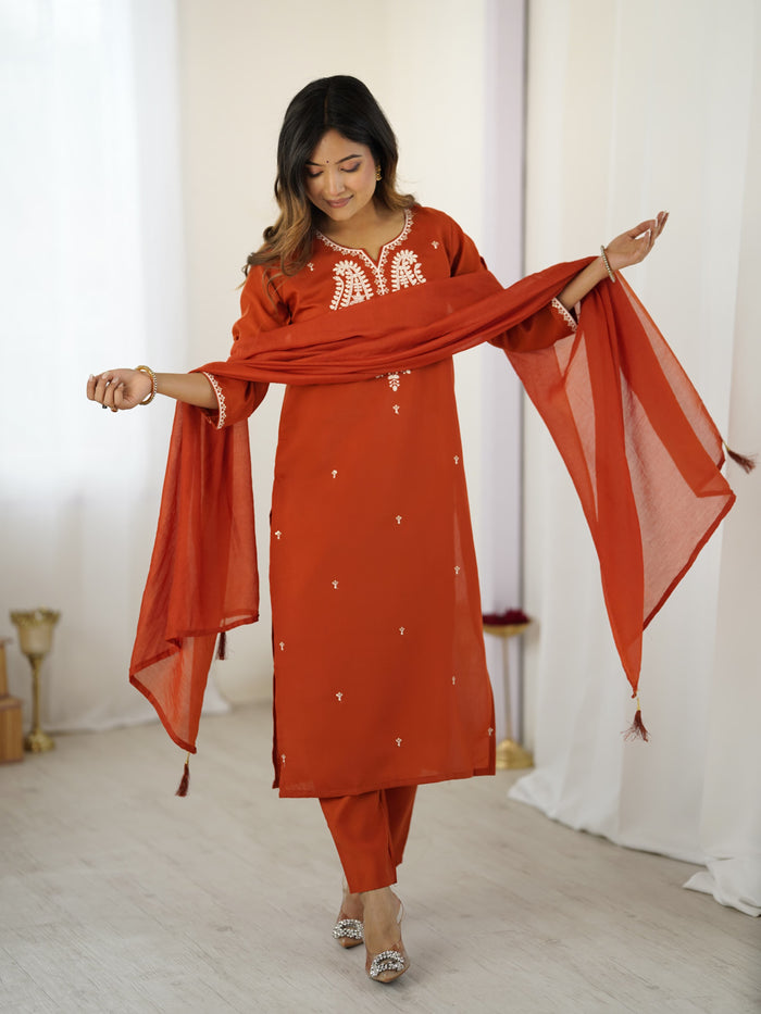 Elegant Rust Orange Embroidered Kurta Set