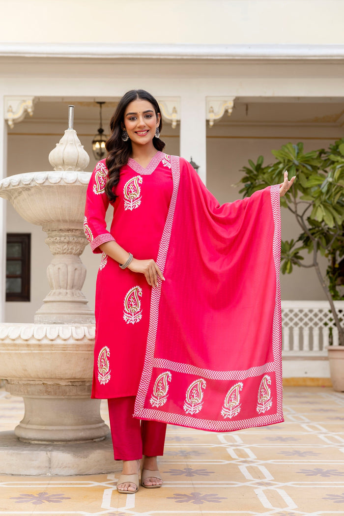 Elegant Hot Pink Printed Kurta Set