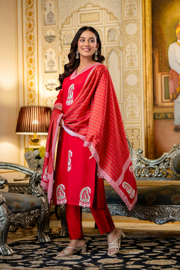 Elegant Red Printed Kurta Pant Set with Dupatta