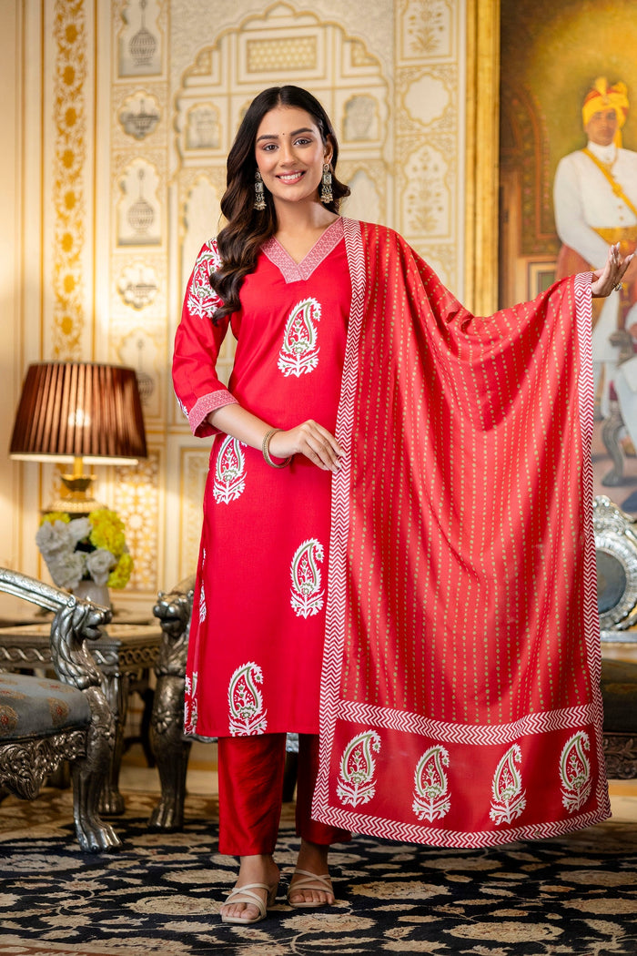 Elegant Red Printed Kurta Pant Set with Dupatta