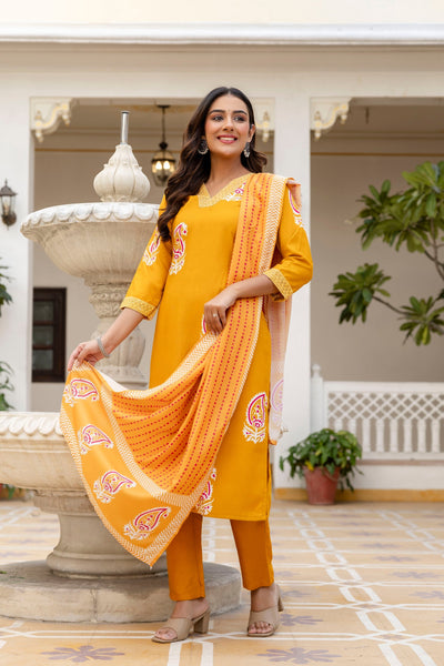Elegant Mustard Yellow Printed Kurta Pant Set with Dupatta