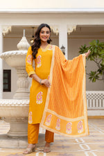 Elegant Mustard Yellow Printed Kurta Pant Set with Dupatta