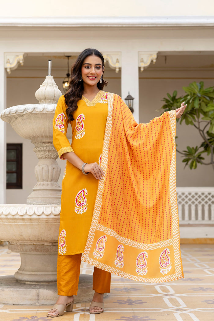 Elegant Mustard Yellow Printed Kurta Pant Set with Dupatta