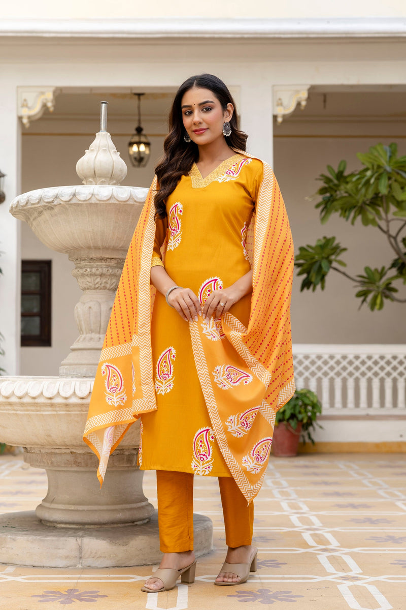 Elegant Mustard Yellow Printed Kurta Pant Set with Dupatta
