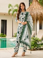 Elegant White & Green Floral Printed Kurta Pant Set