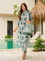 Elegant White & Green Floral Printed Kurta Pant Set