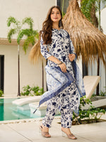 Elegant White & Blue Floral Printed Kurta Pant Set