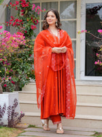 Elegant Orange Embroidered Kurta Pant Set