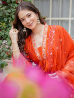 Elegant Orange Embroidered Kurta Pant Set