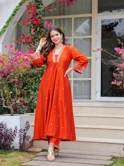 Elegant Orange Embroidered Kurta Pant Set