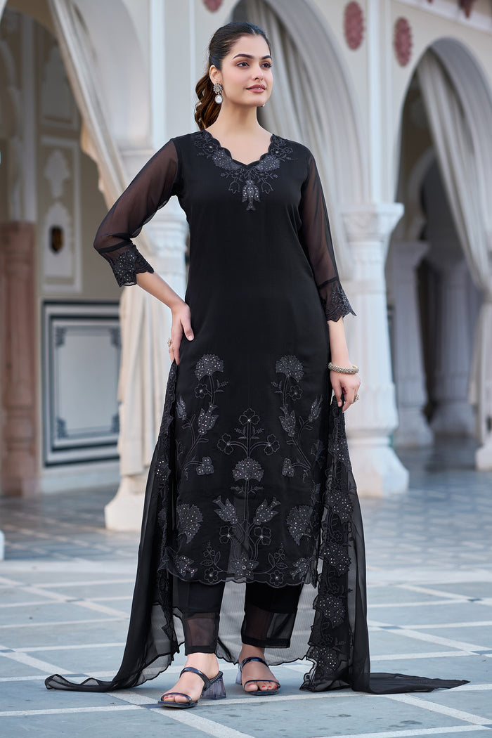 Elegant Black Embroidered Straight Kurta Set