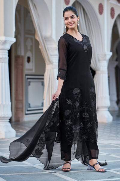 Elegant Black Embroidered Straight Kurta Set