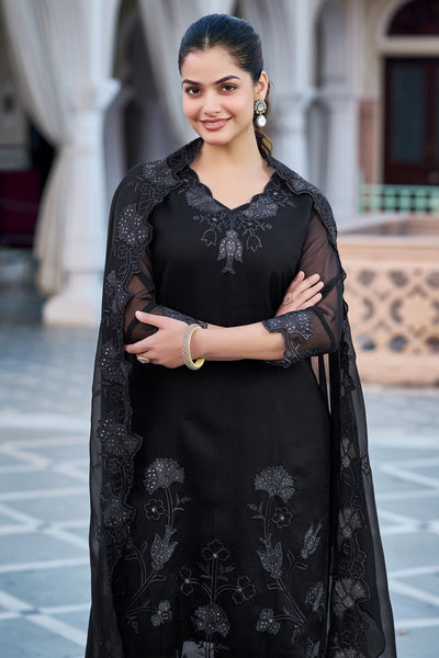 Elegant Black Embroidered Straight Kurta Set