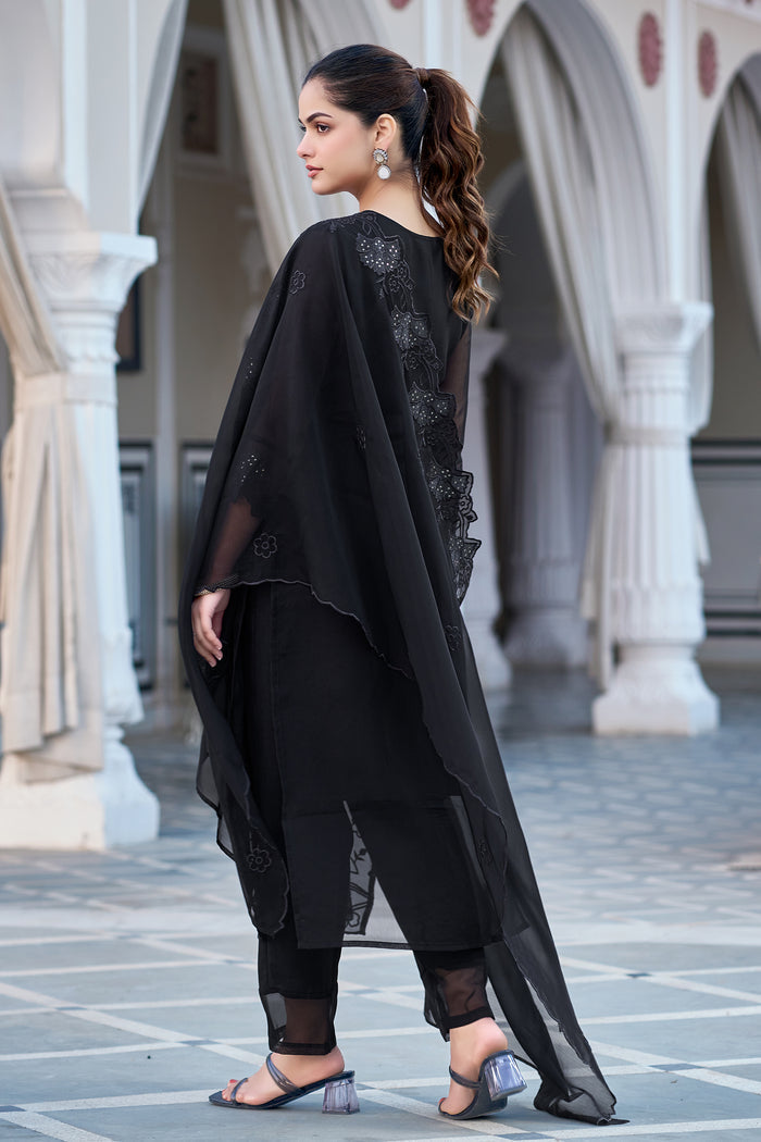 Elegant Black Embroidered Straight Kurta Set