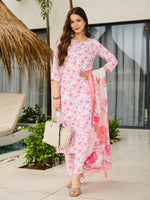 Elegant Pink Floral Printed Kurta Pant Set with Dupatta