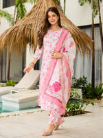 Elegant Pink Floral Printed Kurta Pant Set with Dupatta