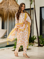 Elegant White Floral Printed Kurta Pant Set with Dupatta