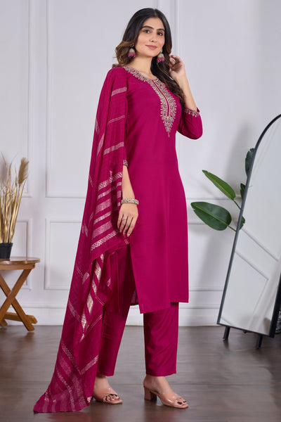 Elegant Rani Pink Embroidered Kurta Pant Set with Dupatta