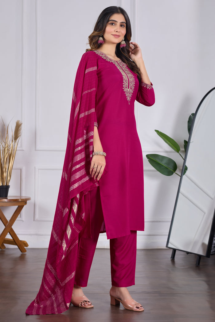 Elegant Rani Pink Embroidered Kurta Pant Set with Dupatta