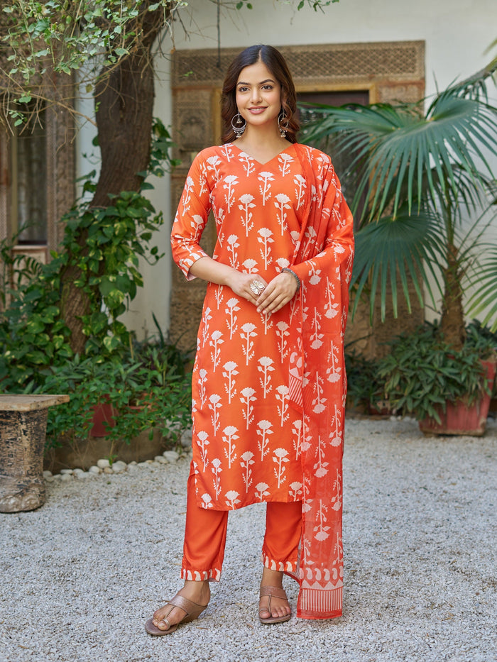Elegant Orange Floral Printed Kurta Pant Set with Dupatta