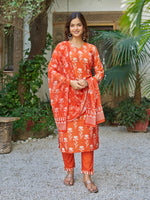 Elegant Orange Floral Printed Kurta Pant Set with Dupatta