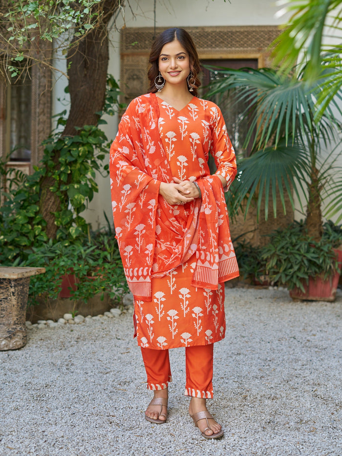 Elegant Orange Floral Printed Kurta Pant Set with Dupatta