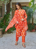Elegant Orange Floral Printed Kurta Pant Set with Dupatta