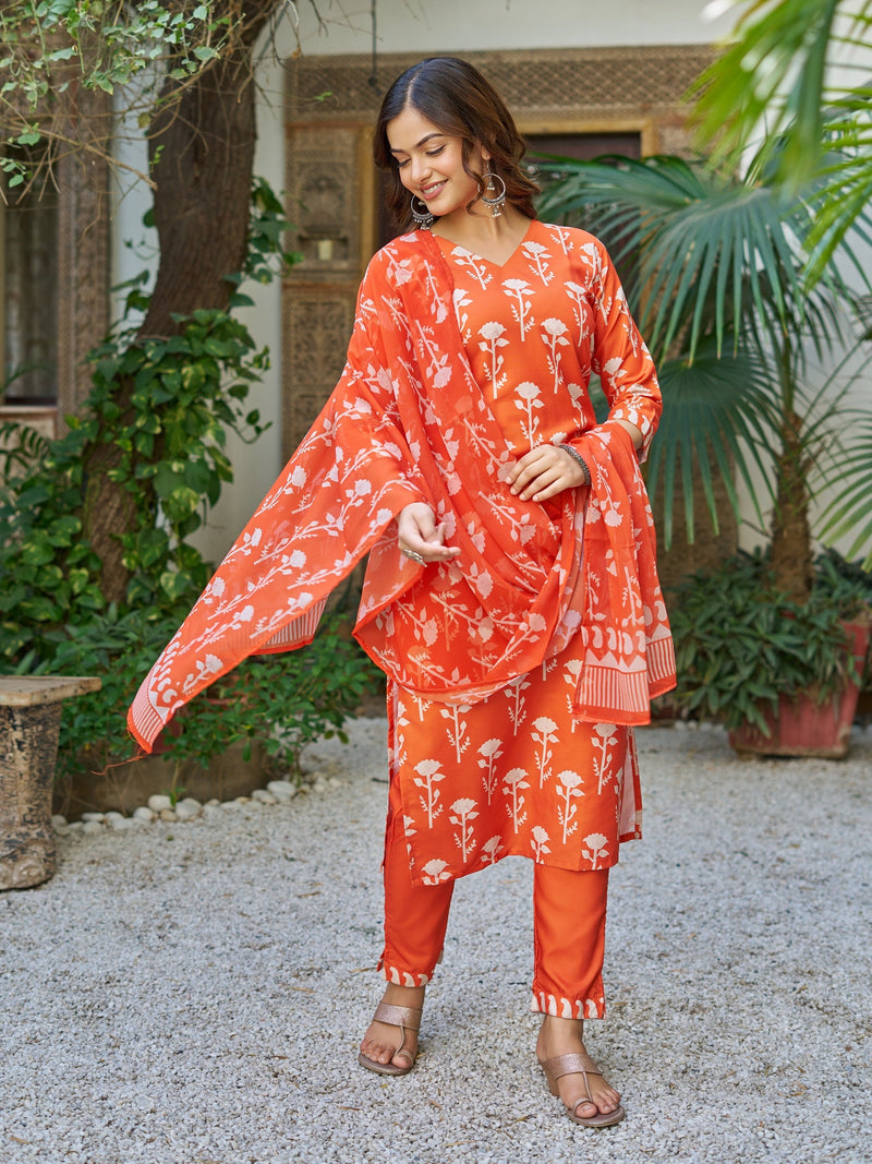 Elegant Orange Floral Printed Kurta Pant Set with Dupatta