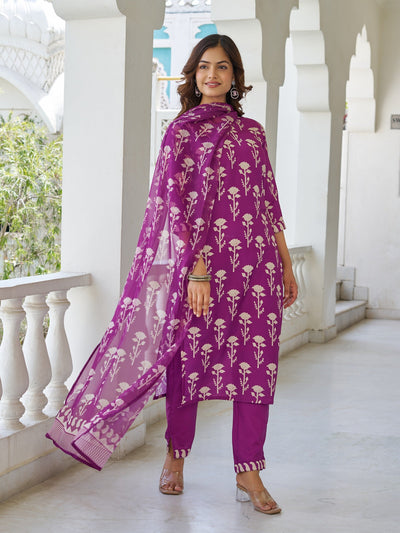 Elegant Purple Floral Printed Kurta Pant Set with Dupatta
