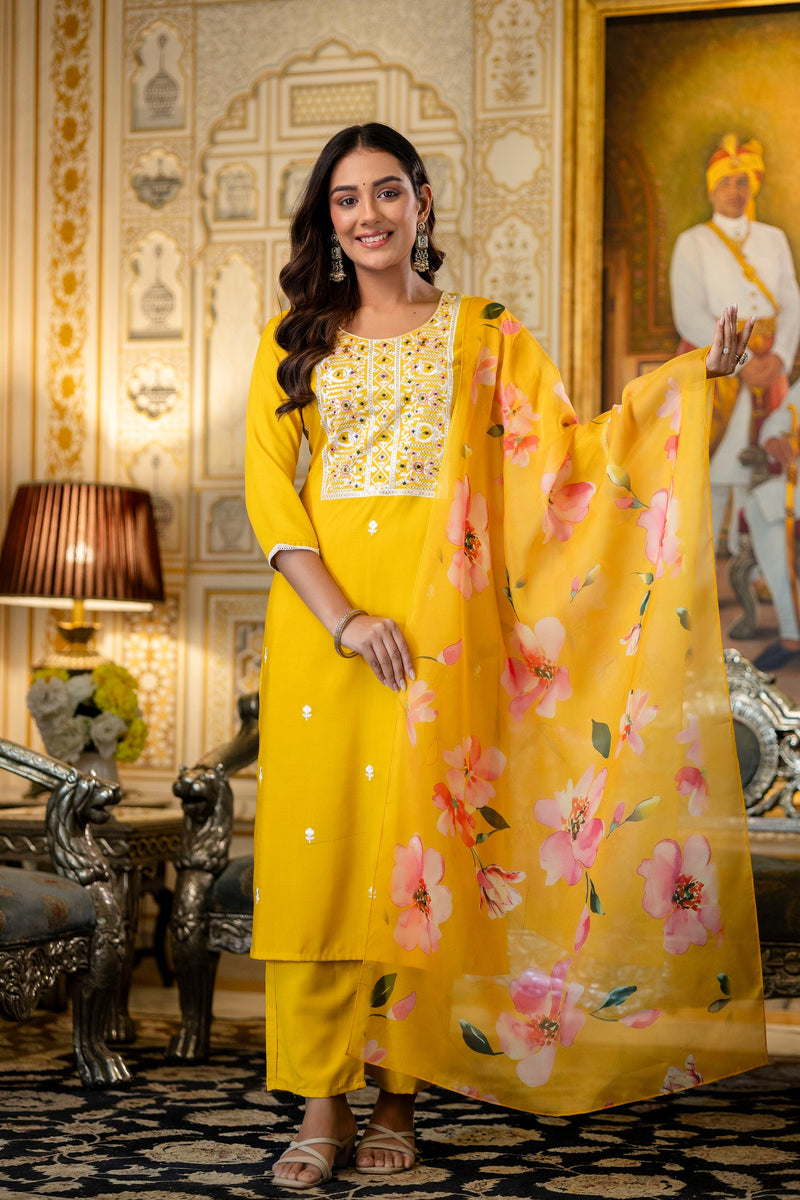 Yellow Embroidered Kurta Pant Set with Floral Dupatta