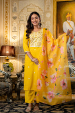 Yellow Embroidered Kurta Pant Set with Floral Dupatta