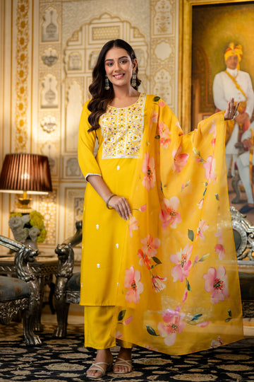 Yellow Embroidered Kurta Pant Set with Floral Dupatta