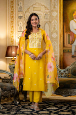 Yellow Embroidered Kurta Pant Set with Floral Dupatta