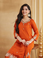 Elegant Orange Embroidered Kurta Palazzo Set