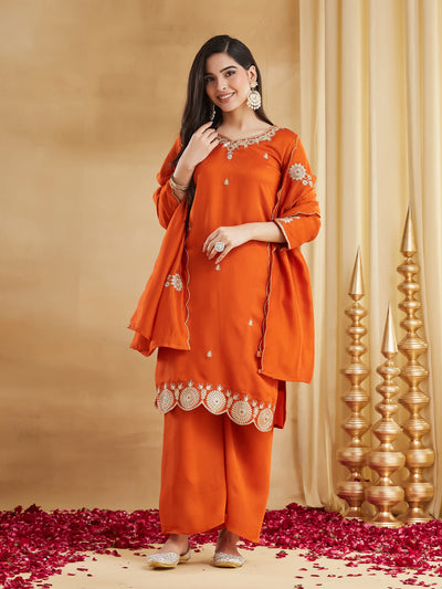 Elegant Orange Embroidered Kurta Palazzo Set