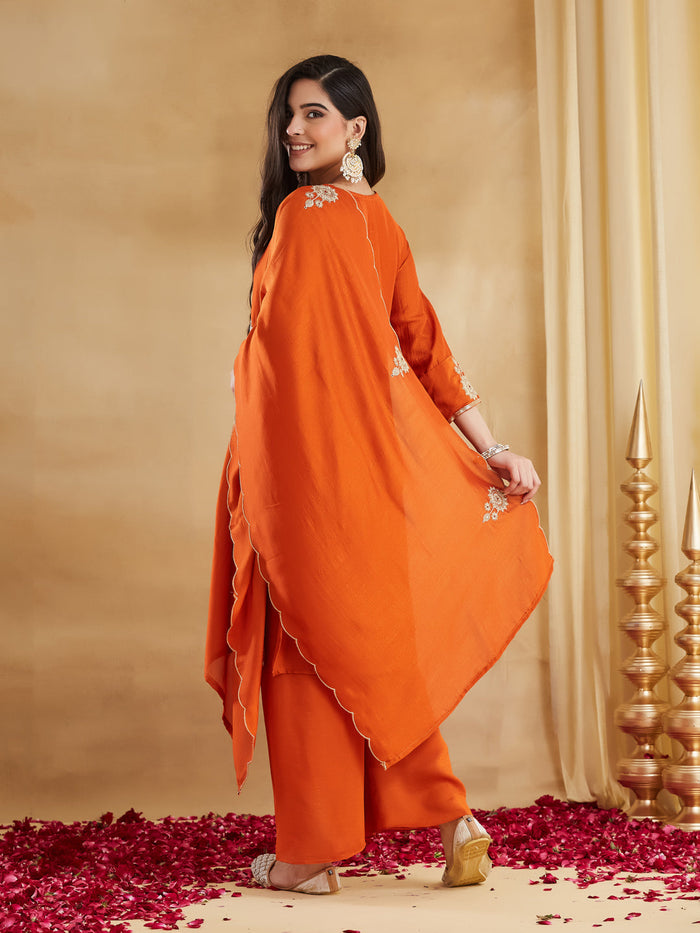 Elegant Orange Embroidered Kurta Palazzo Set