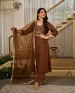 Rich Coffee Brown Vichitra Silk Embroidered Salwar Suite