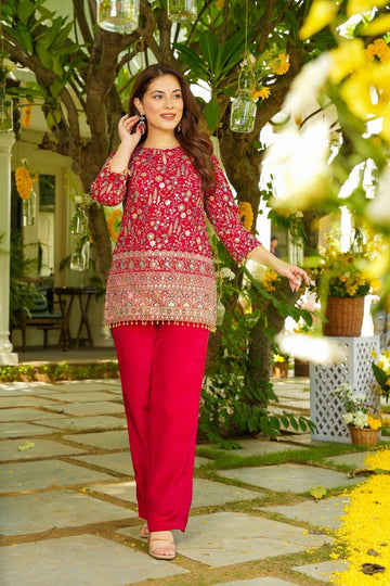 Elegant Red Embroidered Kurta Palazzo Set