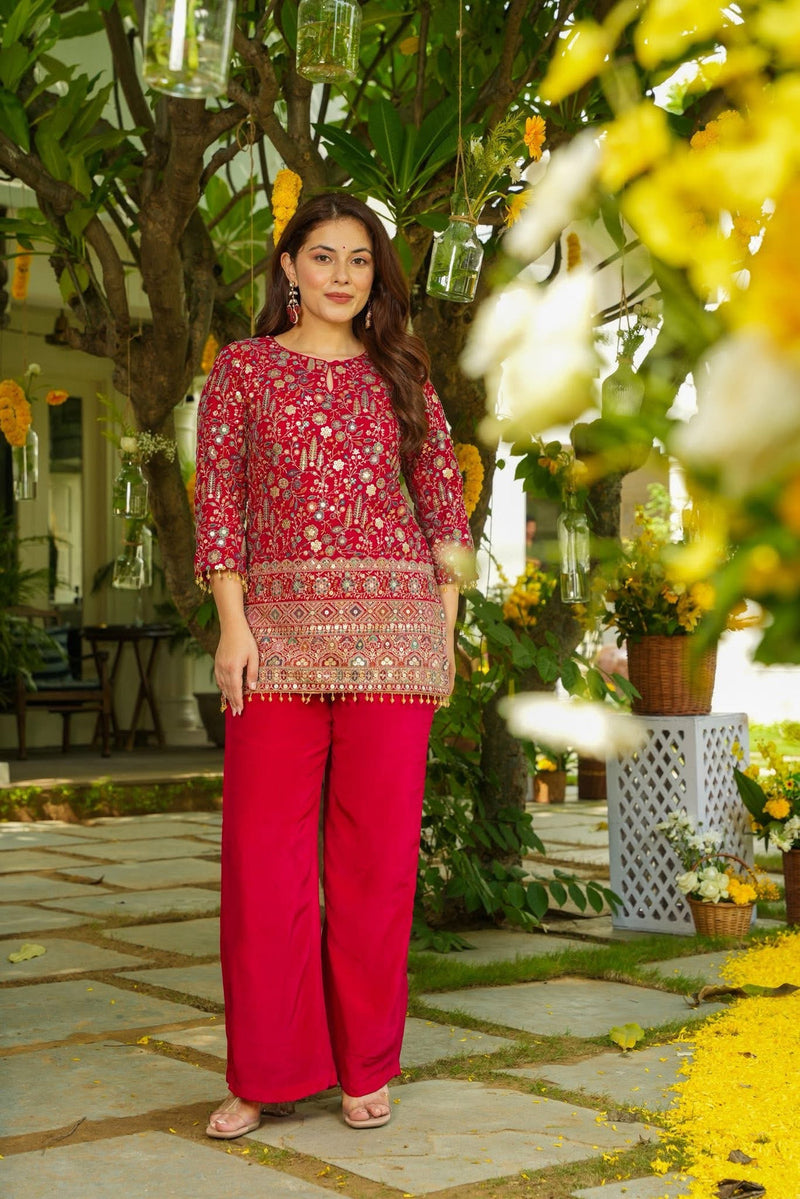 Elegant Red Embroidered Kurta Palazzo Set